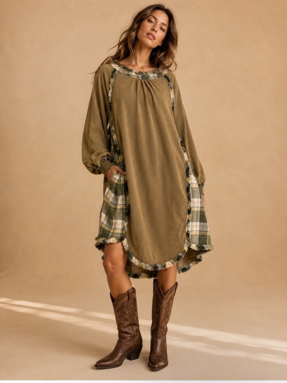 Olive Plaid Trim Long Sleeve Shift Dress